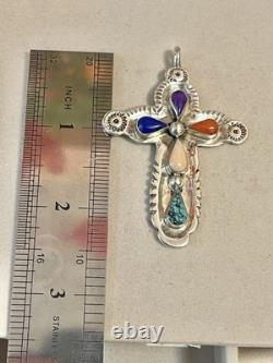 VTG Southwest Big Sterling silver cross pendant multicolored stones signed