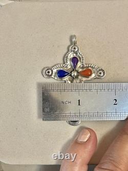 VTG Southwest Big Sterling silver cross pendant multicolored stones signed