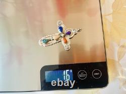 VTG Southwest Big Sterling silver cross pendant multicolored stones signed