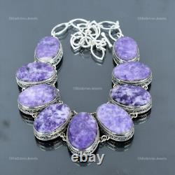 Valentines Deal Sterling Silver Oval Lepidolite Gemstone Vintage Chain Necklace