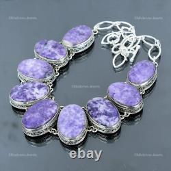 Valentines Deal Sterling Silver Oval Lepidolite Gemstone Vintage Chain Necklace