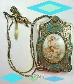 Victorian Antique STERLING SILVER Gold Dance Card Chatelaine Cherub AIDE MEMOIRE