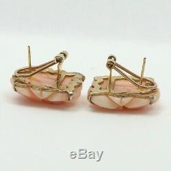 Vintage 14K Gold Sterling Silver Carved Pink Sea Coral Roses Omega Back Earrings