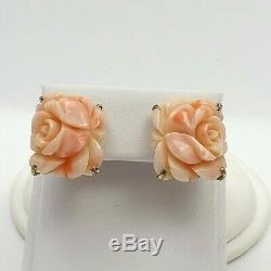 Vintage 14K Gold Sterling Silver Carved Pink Sea Coral Roses Omega Back Earrings