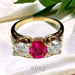 Vintage 14k Natural Ruby and 1ct Diamond Three Stone Ring Yellow Gold Size all