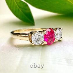 Vintage 14k Natural Ruby and 1ct Diamond Three Stone Ring Yellow Gold Size all