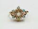 Vintage 14k Yellow Gold Over Fire Opal & Diamond Engagement Flower Cluster Ring