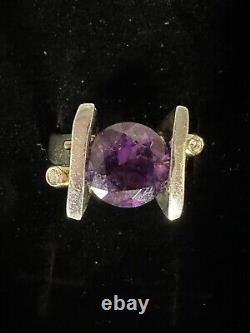 Vintage 18k Gold & Sterling Silver Ring With Amethyst & Diamonds Strellmans