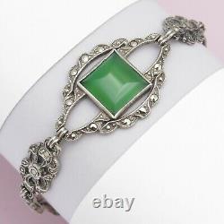 Vintage 1930s Art Deco Sterling Silver Natural Chrysoprase Marcasite Bracelet