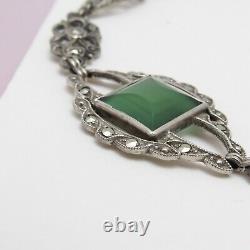 Vintage 1930s Art Deco Sterling Silver Natural Chrysoprase Marcasite Bracelet