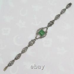 Vintage 1930s Art Deco Sterling Silver Natural Chrysoprase Marcasite Bracelet