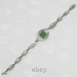 Vintage 1930s Art Deco Sterling Silver Natural Chrysoprase Marcasite Bracelet