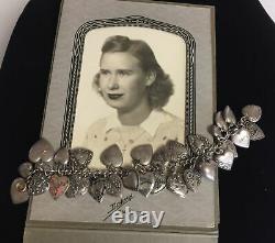 Vintage 1940s Sterling Silver 29 Puffy Engraved HEART Charm Bracelet W Jewels