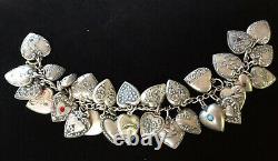 Vintage 1940s Sterling Silver 29 Puffy Engraved HEART Charm Bracelet W Jewels