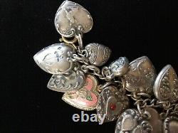 Vintage 1940s Sterling Silver 29 Puffy Engraved HEART Charm Bracelet W Jewels
