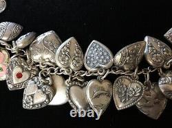 Vintage 1940s Sterling Silver 29 Puffy Engraved HEART Charm Bracelet W Jewels