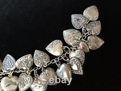 Vintage 1940s Sterling Silver 29 Puffy Engraved HEART Charm Bracelet W Jewels