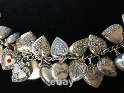 Vintage 1940s Sterling Silver 29 Puffy Engraved HEART Charm Bracelet W Jewels