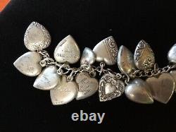 Vintage 1940s Sterling Silver 29 Puffy Engraved HEART Charm Bracelet W Jewels