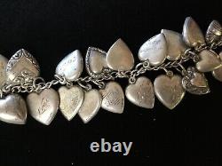 Vintage 1940s Sterling Silver 29 Puffy Engraved HEART Charm Bracelet W Jewels