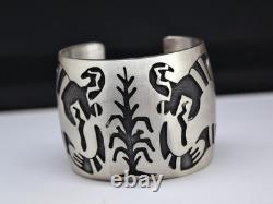 Vintage 1970s Navajo Sterling Silver Overlay Cuff Bracelet Corn Stalk & Snake