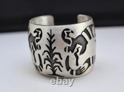 Vintage 1970s Navajo Sterling Silver Overlay Cuff Bracelet Corn Stalk & Snake