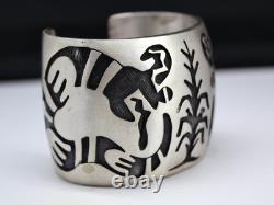 Vintage 1970s Navajo Sterling Silver Overlay Cuff Bracelet Corn Stalk & Snake