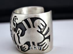 Vintage 1970s Navajo Sterling Silver Overlay Cuff Bracelet Corn Stalk & Snake