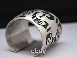 Vintage 1970s Navajo Sterling Silver Overlay Cuff Bracelet Corn Stalk & Snake