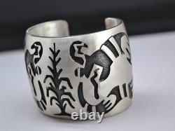 Vintage 1970s Navajo Sterling Silver Overlay Cuff Bracelet Corn Stalk & Snake