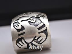 Vintage 1970s Navajo Sterling Silver Overlay Cuff Bracelet Corn Stalk & Snake