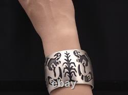 Vintage 1970s Navajo Sterling Silver Overlay Cuff Bracelet Corn Stalk & Snake