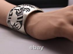 Vintage 1970s Navajo Sterling Silver Overlay Cuff Bracelet Corn Stalk & Snake