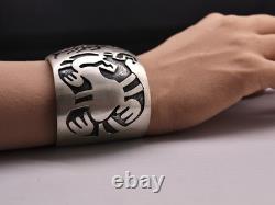 Vintage 1970s Navajo Sterling Silver Overlay Cuff Bracelet Corn Stalk & Snake