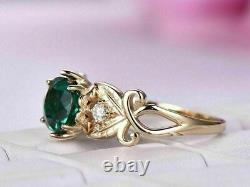 Vintage 1Ct Round Cut Green Emerald & Simulated Diamond Halo Ring 925 Silver