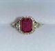 Vintage 2.10ct Emerald Cut Ruby Three Stone Engagement Ring 14k Yellow Gold Over