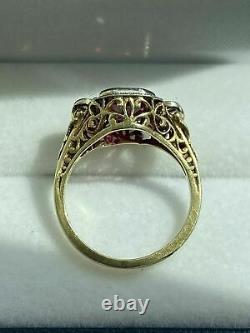Vintage 2.10CT Emerald Cut Ruby Three Stone Engagement Ring 14K Yellow Gold Over