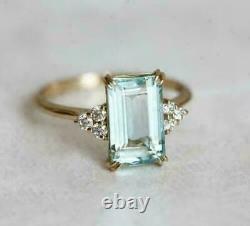 Vintage 2CT Emerald Cut Aquamarine Solitaire Engagement Women Ring 925 Silver