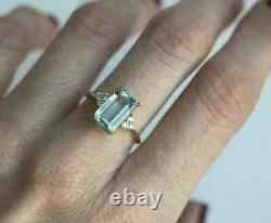 Vintage 2CT Emerald Cut Aquamarine Solitaire Engagement Women Ring 925 Silver
