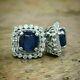 Vintage 2ct Round Simulated Sapphire Stud Earrings 14k White Gold Plated Silver