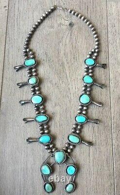 Vintage (5.72 Oz.) 26 Long Navajo Turquoise & Sterling Squash Blossom Necklace