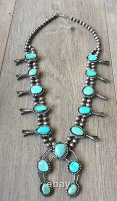 Vintage (5.72 Oz.) 26 Long Navajo Turquoise & Sterling Squash Blossom Necklace