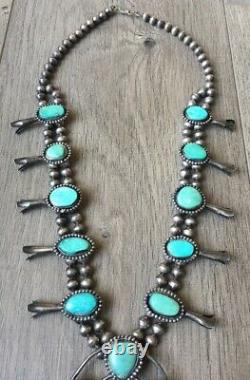 Vintage (5.72 Oz.) 26 Long Navajo Turquoise & Sterling Squash Blossom Necklace