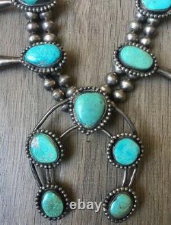 Vintage (5.72 Oz.) 26 Long Navajo Turquoise & Sterling Squash Blossom Necklace