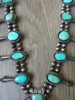 Vintage (5.72 Oz.) 26 Long Navajo Turquoise & Sterling Squash Blossom Necklace