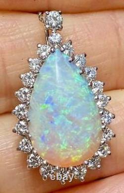 Vintage 6 Ct Pear Opal & Diamond 14k White Gold Finish Pendant WithChain 18