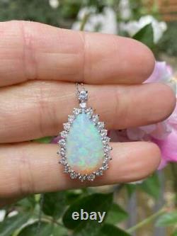 Vintage 6 Ct Pear Opal & Diamond 14k White Gold Finish Pendant WithChain 18