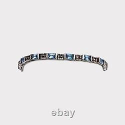 Vintage 925 Solid Sterling Silver Marcasite Blue Topaz Tennis Bracelet -5351