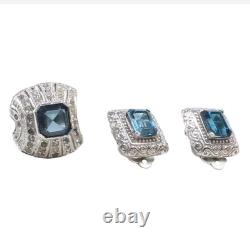 Vintage. 925 Sterling Blue Spinel Ring & Matching 925 Earrings Art Deco Set