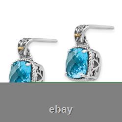 Vintage 925 Sterling Silver 14K Blue Topaz Cushion Post Dangle Earrings